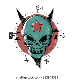 Evil skull and star his forehead  Gothic watch  clock design dial plate  Vector illustration art in tattoo style 