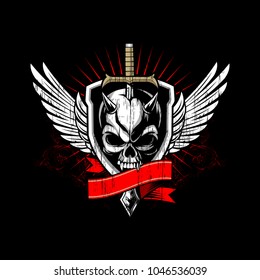 evil skull with sword wings and shield vector