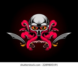 Calavera malvada con tentáculos de diseño. Ilustración vectorial del cráneo humano con tentáculos de pulpo y espada de samurai en la técnica de grabado aislada en negro. ilustración vectorial para camisetas, etc.