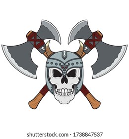 evil skull with viking helmet and two crossed battle axes. T-shirt in color, isolated on white background.