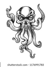 Evil skull-octopus mascot in engraving technique. Vector illustration isolated on white. 