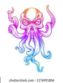 Evil skull-octopus mascot in engraving technique. Vector illustration isolated on white. 