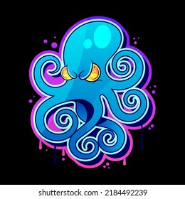 Evil skull-octopus mascot in engraving technique. Vector illustration isolated on white.