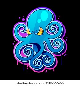 Evil skull-octopus mascot in engraving technique. Vector illustration isolated on white.