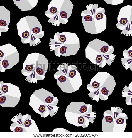 Evil skulls seamless pattern. Halloween background for wrapping an wallpaper, textile and stationery. Cartoon skulls with  shining eyes on black backdrop.