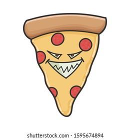 Evil slice of pizza cartoon isolated on white