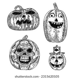 Evil smile from a Halloween Jack o lantern, set. Infernal and mystical horror smiling pumpkin set. Halloween candle light set of carved pumpkins for celebration. Vector.