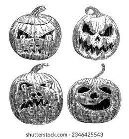 Evil smile from a Halloween Jack o lantern, set. Infernal and mystical horror smiling pumpkin set. Halloween candle light set of carved pumpkins for celebration. Vector.