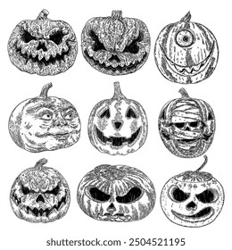 Evil smile from a Halloween Jack o lantern, set. Infernal and mystical horror smiling pumpkin set. Halloween candle light set of carved pumpkins for celebration. Vector.