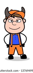 Evil Smile - Retro Cartoon Carpenter Worker Vector Illustration﻿