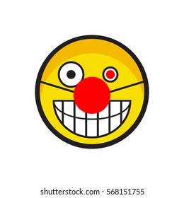 Evil smiley face clown with red nose. Vector illustration.