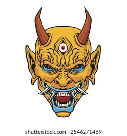 Evil smiling demon head mascot.	