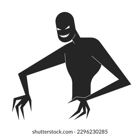 Evil smiling mental illness monster flat line black white vector character. Editable isolated outline figure. Scary shadow simple cartoon style spot illustration for web graphic design, animation