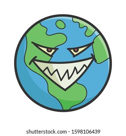 Evil smiling  planet earth cartoon illustration isolated on white