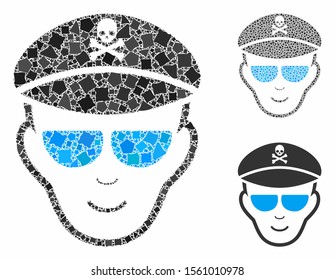 Evil soldier face composition of raggy parts in various sizes and color tones, based on evil soldier face icon. Vector tremulant parts are united into mosaic.