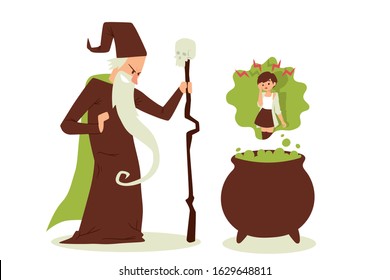 Evil sorcerer cast spell on woman, old wizard with beard and staff, vector illustration. Magic potion boiling in cauldron, evil wizard causes girl headache. Powerful spell, sorcery and magic potion