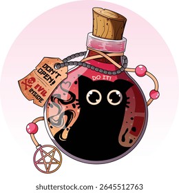 Evil Spirit of Deceptive Cat Sealed in Pink Magical Potion Bottle with Enchanted Spells and Warning Lable. Adorable Halloween Illustration
