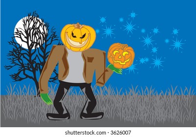 Evil spirit of Halloween carries mischief through field in this vector illustration.