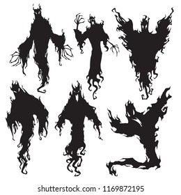 Evil spirit silhouette. Halloween dark night devil, nightmare demon or ghost evil appear magic wizard ugly silhouettes. Flying metaphysical wicked ghostly vector isolated icon illustration set