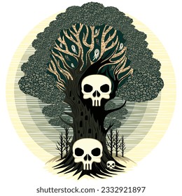 Evil Spirits Tree with skulls and Ghosts Creepy Halloween Nightmare Vector Illustration
