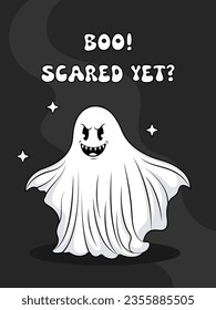 An evil spooky scary ghost with teeth and smiling grin. Halloween poster. Vector illustration