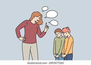 Evil stepmother scolds children who are afraid and look down guiltily in anticipation of punishment. Mom scolds son and daughter, raising and reprimanding after pranks or getting bad grades at school