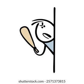 Evil stickman peeks out from behind the corner of  wall and frowns. Vector illustration of  bully holding   baseball bat,   baton and threatening to attack the victim. Isolated cartoon on white.