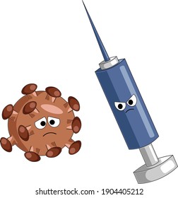 Evil syringe against the virus. Cartoon illustration