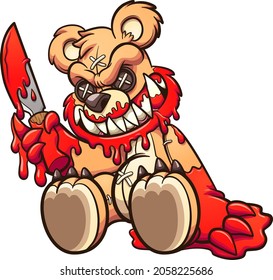 Evil Teddy bear covered in blood and holding a knife. Vector clip art illustration with simple gradients. All on a single layer.
