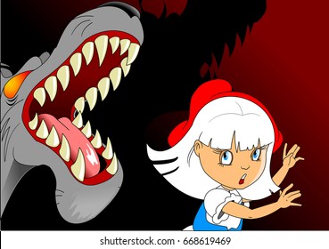 Evil and terrible wolf attacked a little girl, illustration
