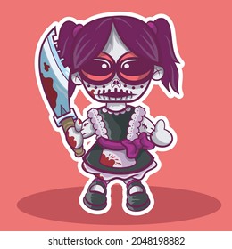 Mal muñeca aterradora con un cuchillo en la mano.
ilustrador vectorial 8, formato eps, agrupado en capa y puede cambiarse de color.
