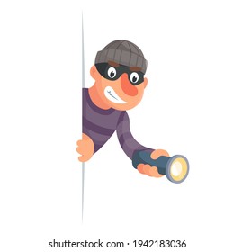 Evil thief with flashlight peeping out of cartoon character vector design illustration