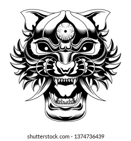 Evil Tiger devil demon line black drawing - vector illustration.