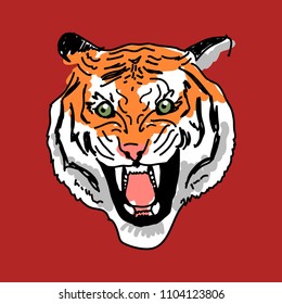 evil tiger on red background, tiger's head, vector stock illustration