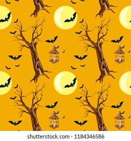 Evil tree, bats and moon with a lantern Halloween seamless pattern on a blue background. Vector illustration