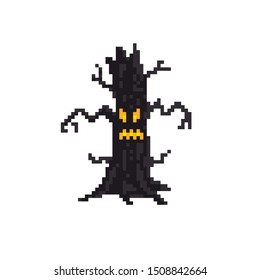 Evil tree character pixel art icon. Element design for logo, stickers, web, embroidery and mobile app. Isolated vector illustration. 8-bit sprite.