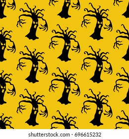 Evil tree halloween pattern on the yellow background. Vector illustration