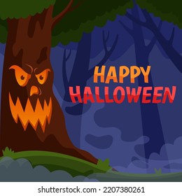 Evil tree in haunted jungle welcoming  halloween celebration.
