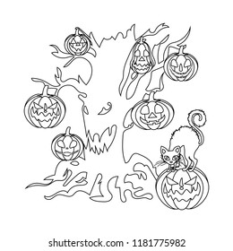 Evil tree and pumpkin on white background. Vector illustration