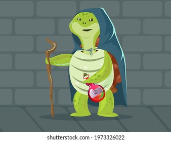 Evil turtle dressed as witch illustration. Cartoon tortoise wearing cape, holding wooden stick and bottle with deadly poison. Fairytale, Halloween, fantasy, carnival concept