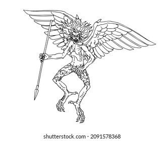 An evil ugly harpy with a javelin flies on wings. A Greek mythical character. Vector illustration with contour lines in black ink isolated on a white background in a cartoon and hand-drawn style.