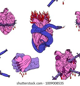Evil Valentine's Day seamless pattern. Bleeding, pierced, squeezed hearts with daggers, snake, thorns and fire. Broken relationship, heartache, love, gothic, heavy metal tattoo style background.