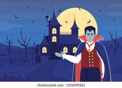 Evil Vampire Inviting To His House Flat Color Vector Illustration. Spooky Mansion. Halloween Night. Full Moon. Fully Editable 2D Simple Cartoon Character With Haunted Mansion On Background