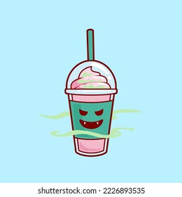 evil vampire strawberry smoothies milkshake juice with ice cream topping illustration vector cartoon character. brain freeze strawberry milkshake