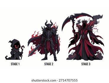 Evolución del personaje villano malvado mostrando tres etapas progresivas Ilustración vectorial