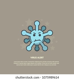 Evil virus banner. Bad and scary villain biological virus. Flu or other human pathogen with evil facial expression. Virus face and banner text template.