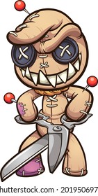 Evil voodoo doll with a big smile holding a pair of scissors. Vector clip art illustration with simple gradients. All on a single layer. 
