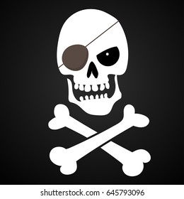 Evil white silhouette skull with red eyes and crossbones. Pirate flag, jolly Roger. T-shirt print, vector design.
