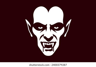Cara de vampiro blanco malvado en un fondo oscuro. Silueta, logotipo, impresión	