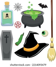 Evil witch attributes set, vector illustration.